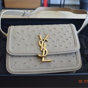 Saint Laurent Beige Quilted Ostrich-Effect YSL Crossbody Bag
